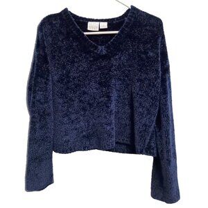 VTG Y2K Moda Int'l Sweater Womens Small Blue Cropped Chanille Grunge Pullover
